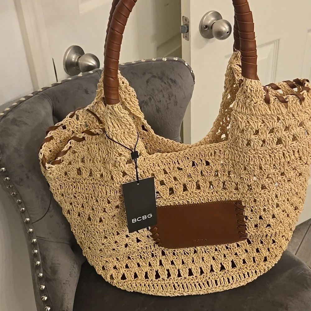 BCBG Generation Tan and Brown Raffia Tote Bag NEW - Picture 5 of 15